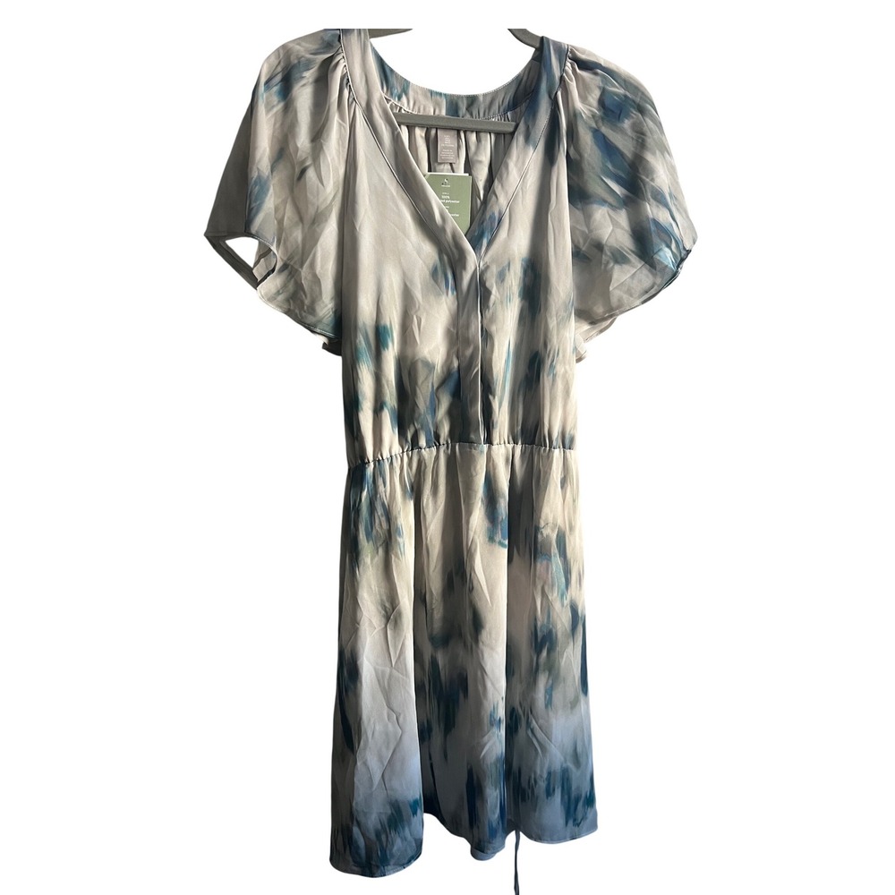 HM Women Blue Grey Abstract Watercolor Flutter Sleeve Mini‎ Dress L New 1059771